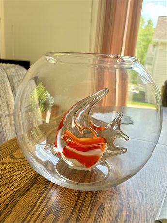 Mid Century Modern Orange Glass Fish Paperweight In Bowl
