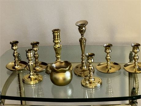 Large Lot Of Solid Brass Baldwin And Other Candlesticks + Decorative Gold Vase