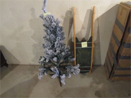 Four-Foot Artificial Christmas Tree and Wooden Sled Decor