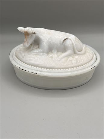Vintage Milk Glass Cow Covered Dish