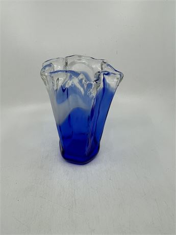 Ruffled Blue Art Glass Vase