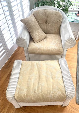 Classic White Wicker Patio/Sunroom Armchair and Ottoman