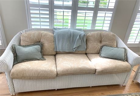 Classic White Wicker Patio/Sunroom Sofa with Cushions