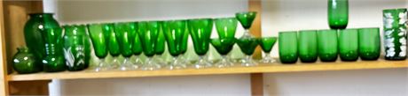 Forest  Green Depression Glass Lot Of Footed Glasses Tumblers And Vases