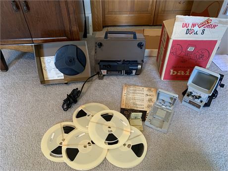 GAF 8mm Projector, Baia Dual 8 Movie Editor/Viewer, and Movie Film
